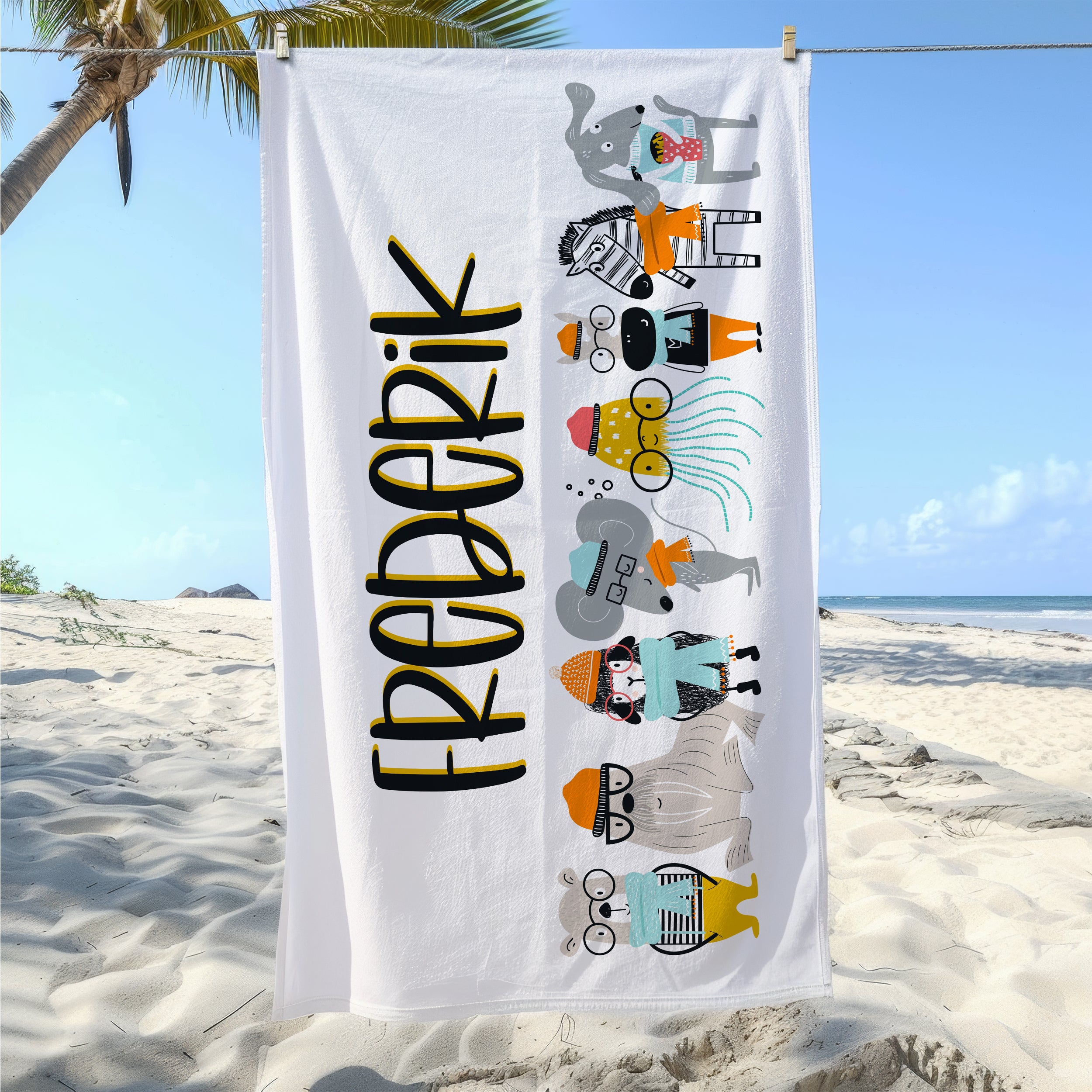 Handtuch mit bunten Tiermotiven