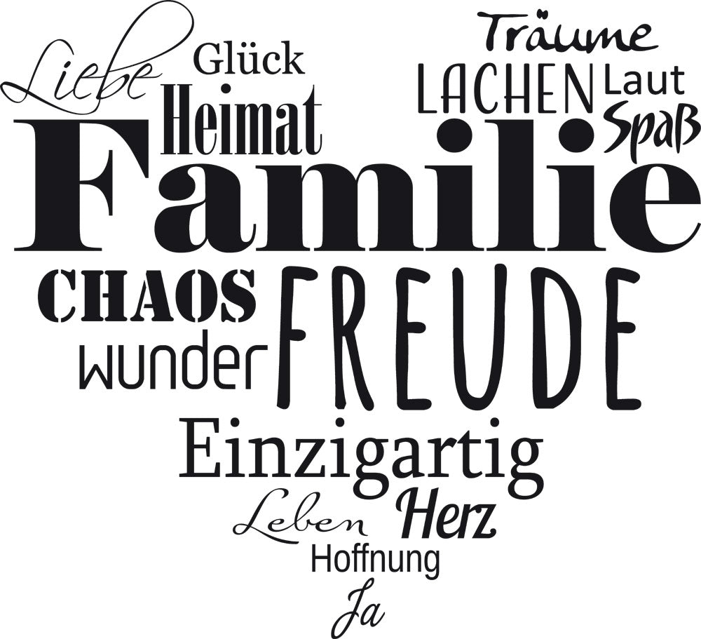 Wortwolke in Schwarz mit Themen zu Familie und Freude.
