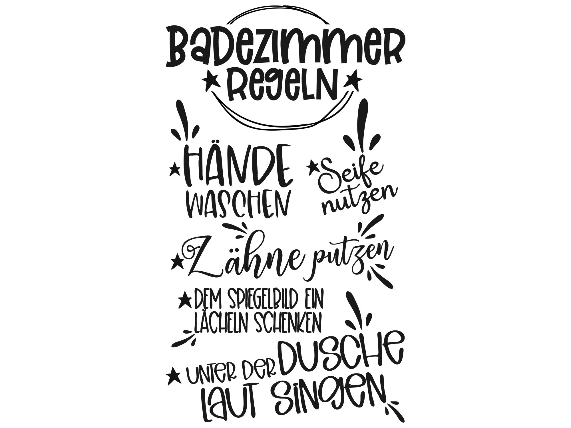 Badezimmerregeln in schwarzer Schrift auf weißem Hintergrund.