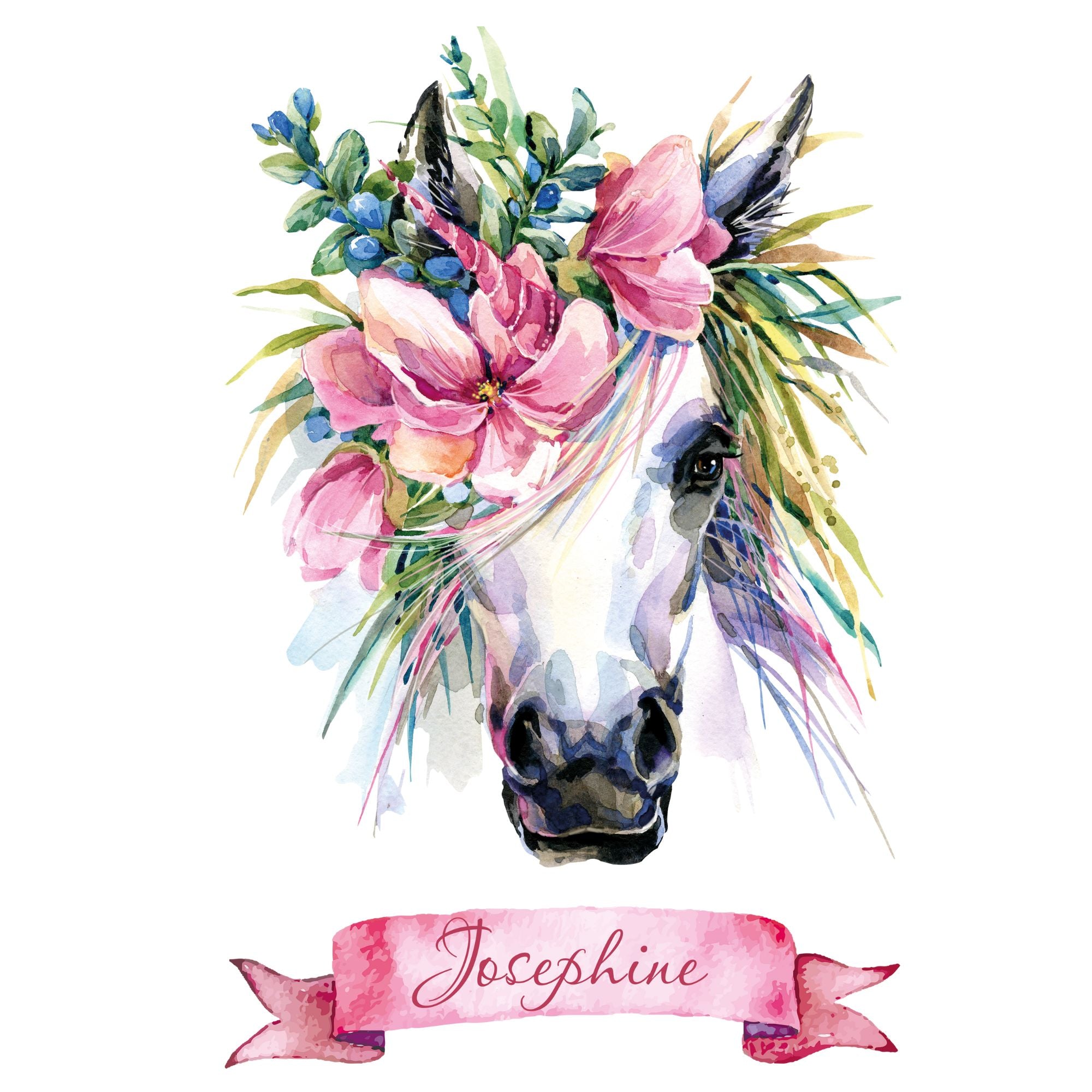 Weißes Pferd mit buntem Blumenkranz und pinkem Banner.