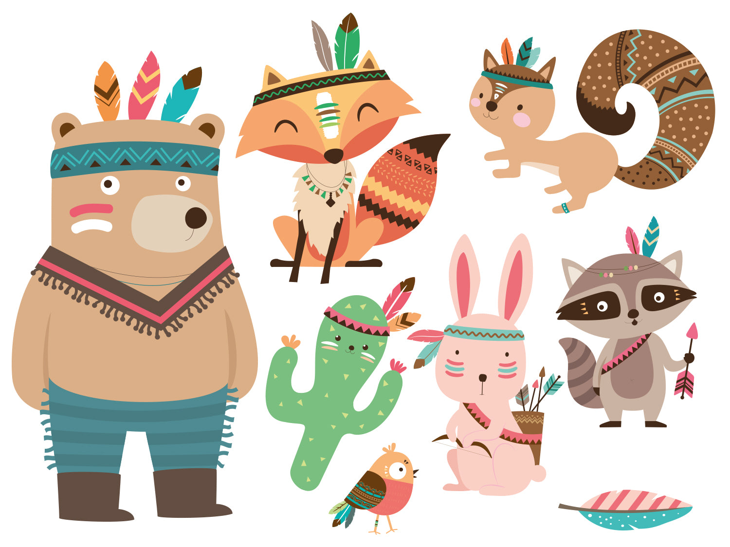 Bunte Tierillustrationen mit Federn und bunten Accessoires.