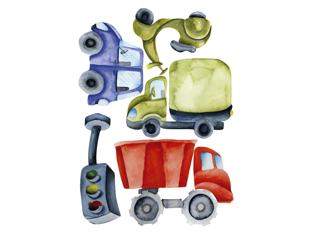 Bunte Wasserfarben-Fahrzeuge: Lkw, Bagger, Kran und Steuerung.