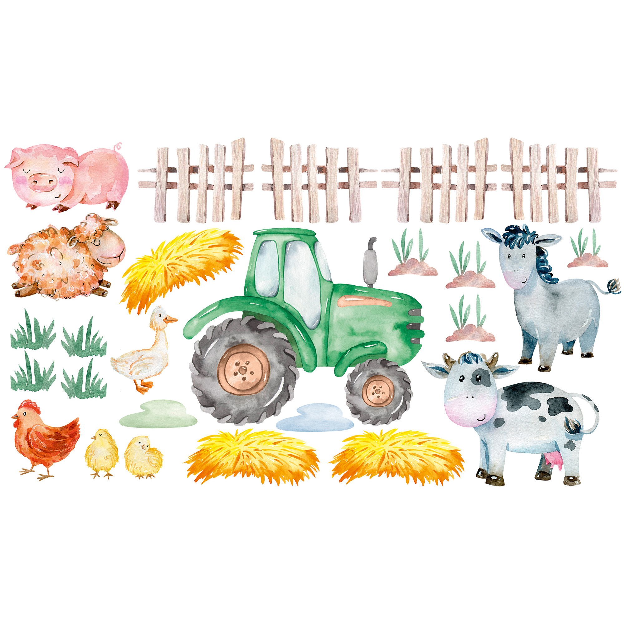 Bunter Bauernhof mit grünem Traktor, Tieren und Heuballen.