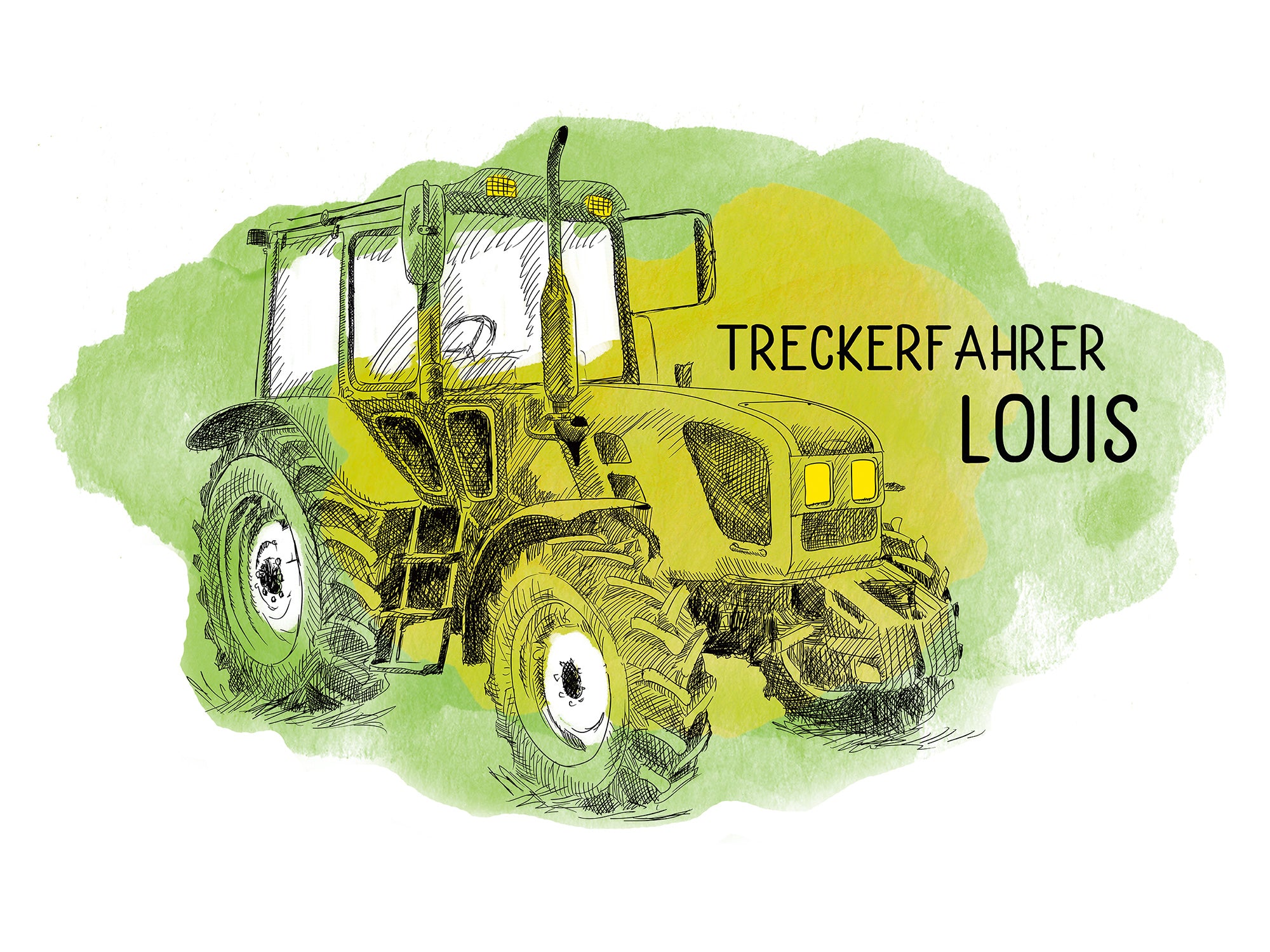 Gelber Traktor mit grüner Hintergrundfarbe, "Treckerfahrer Louis".
