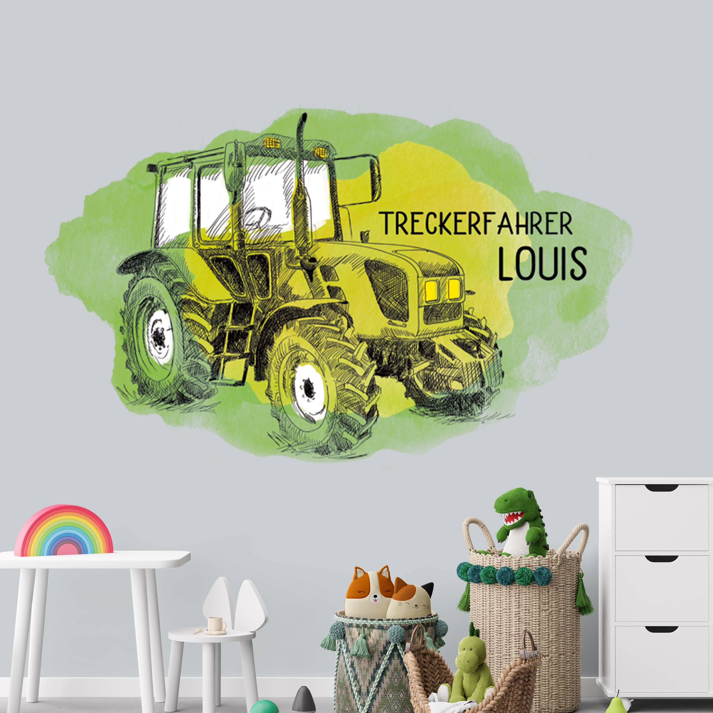 Gelber Traktor mit dem Namen "Treckerfahrer Louis" auf grünem Hintergrund.