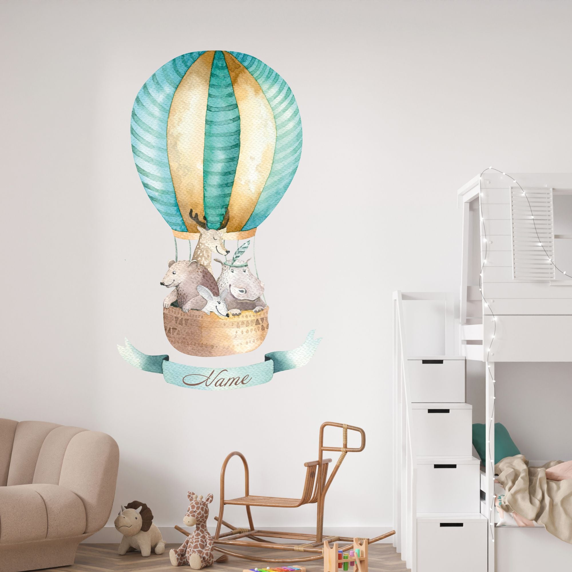 Luftballon mit Tieren in sanften Farben und personalisierbarem Namen.