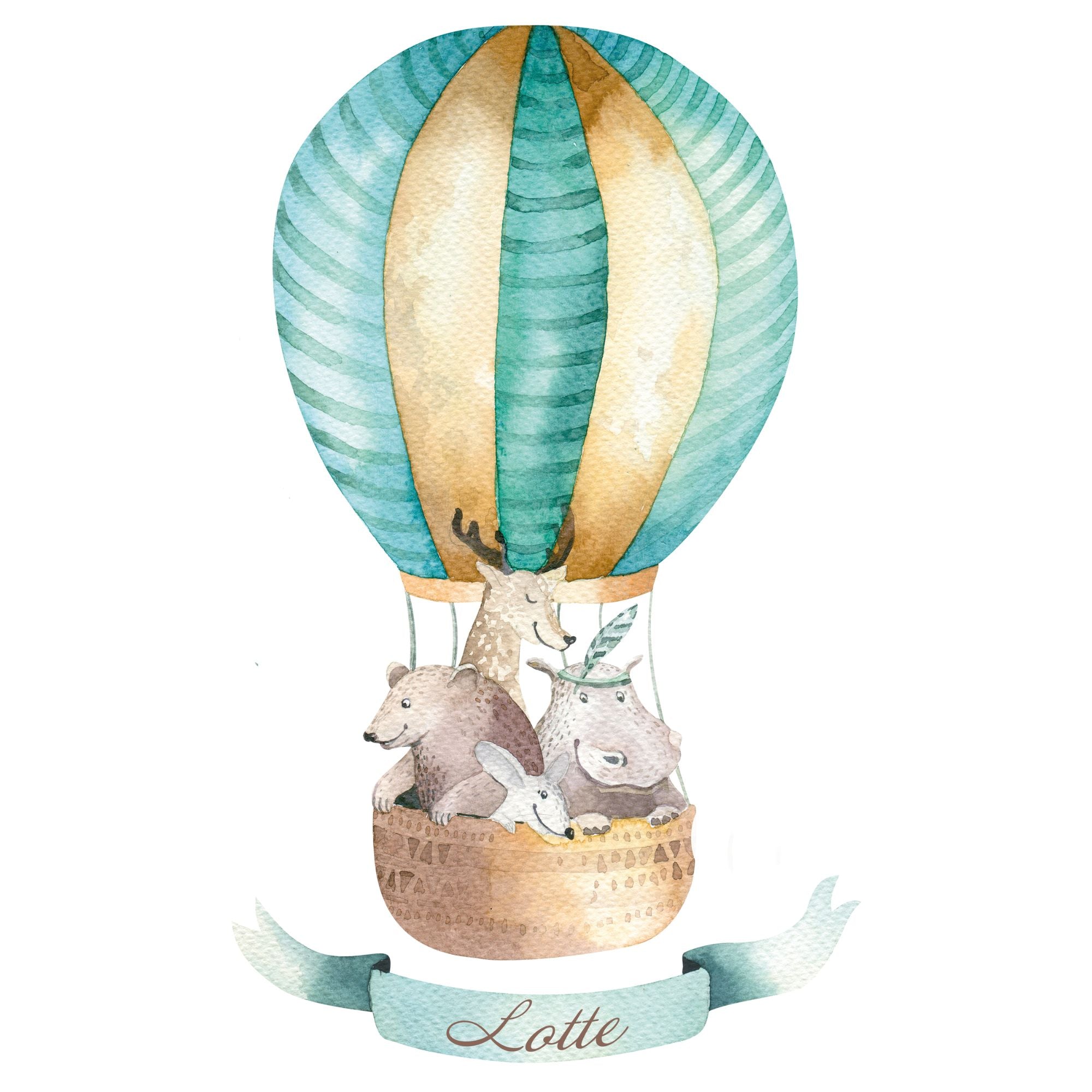 Bunte Luftballonfahrt mit Tieren, Wasserfarben-Stil.