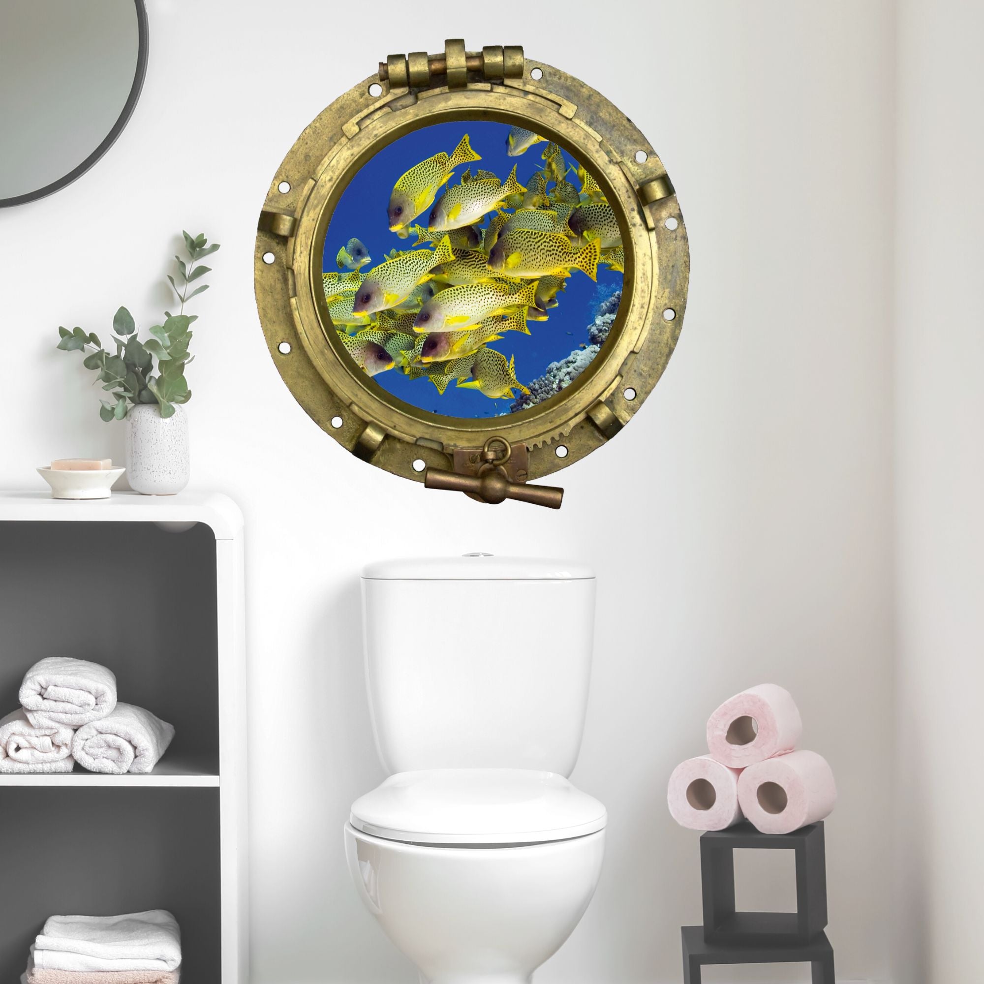 Wandtattoo Bullauge mit Fischschwarm – 3D Unterwasserblick