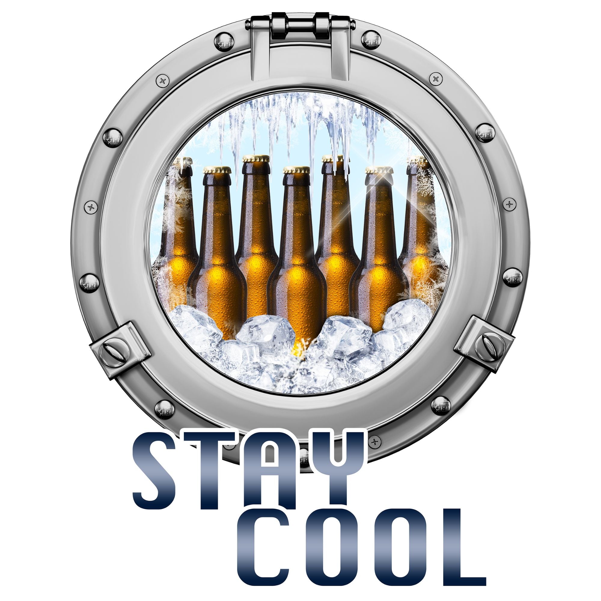 Sechs braune Bierflaschen im Eis, "STAY COOL" Schriftzug.