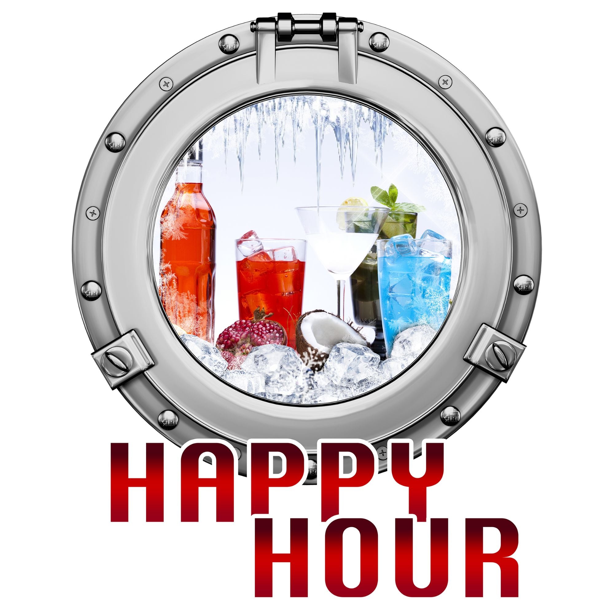 Cocktails in einem runden Fenster, Eis und bunte Getränke.