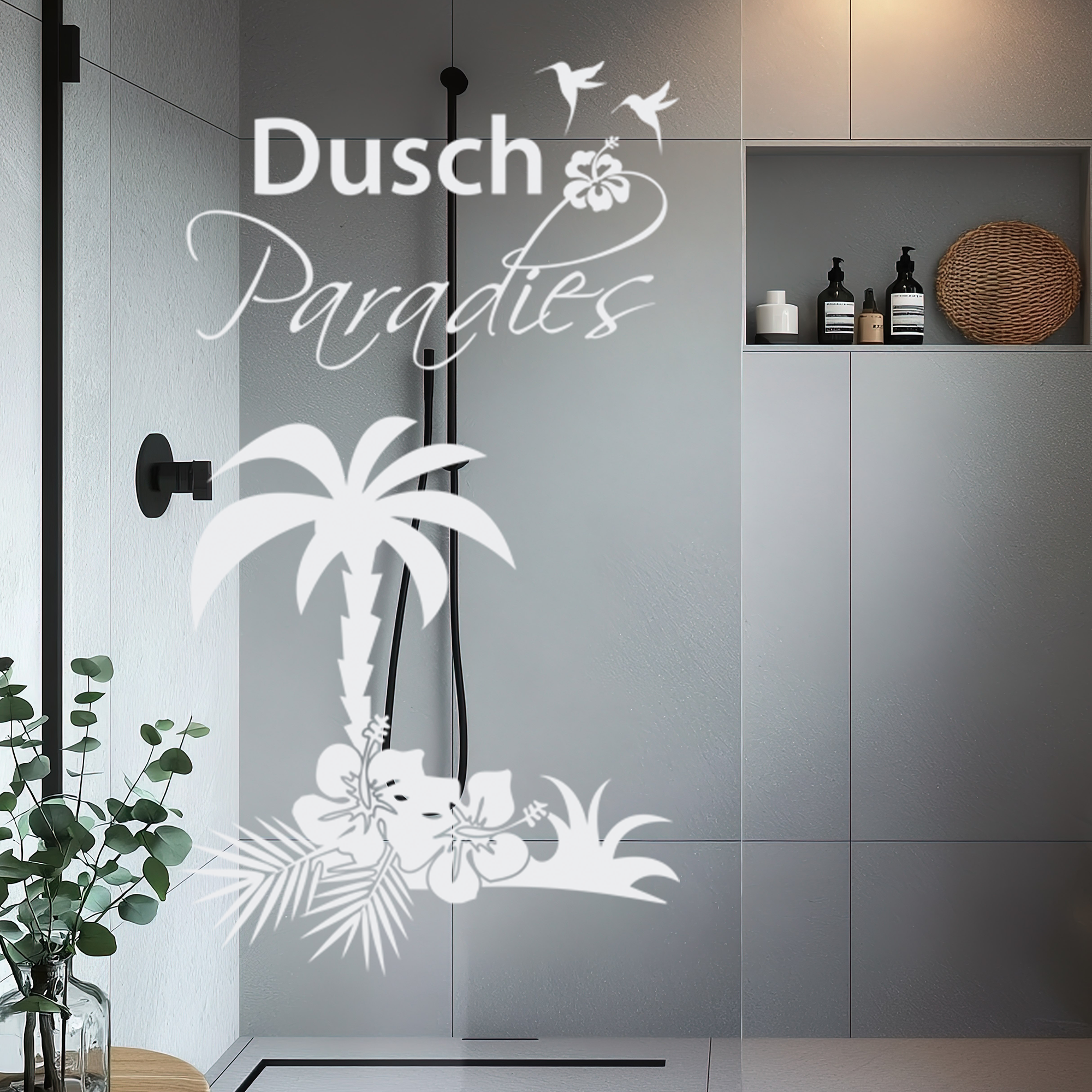 Duschkabine Aufkleber „Dusch Paradies“ mit Palme