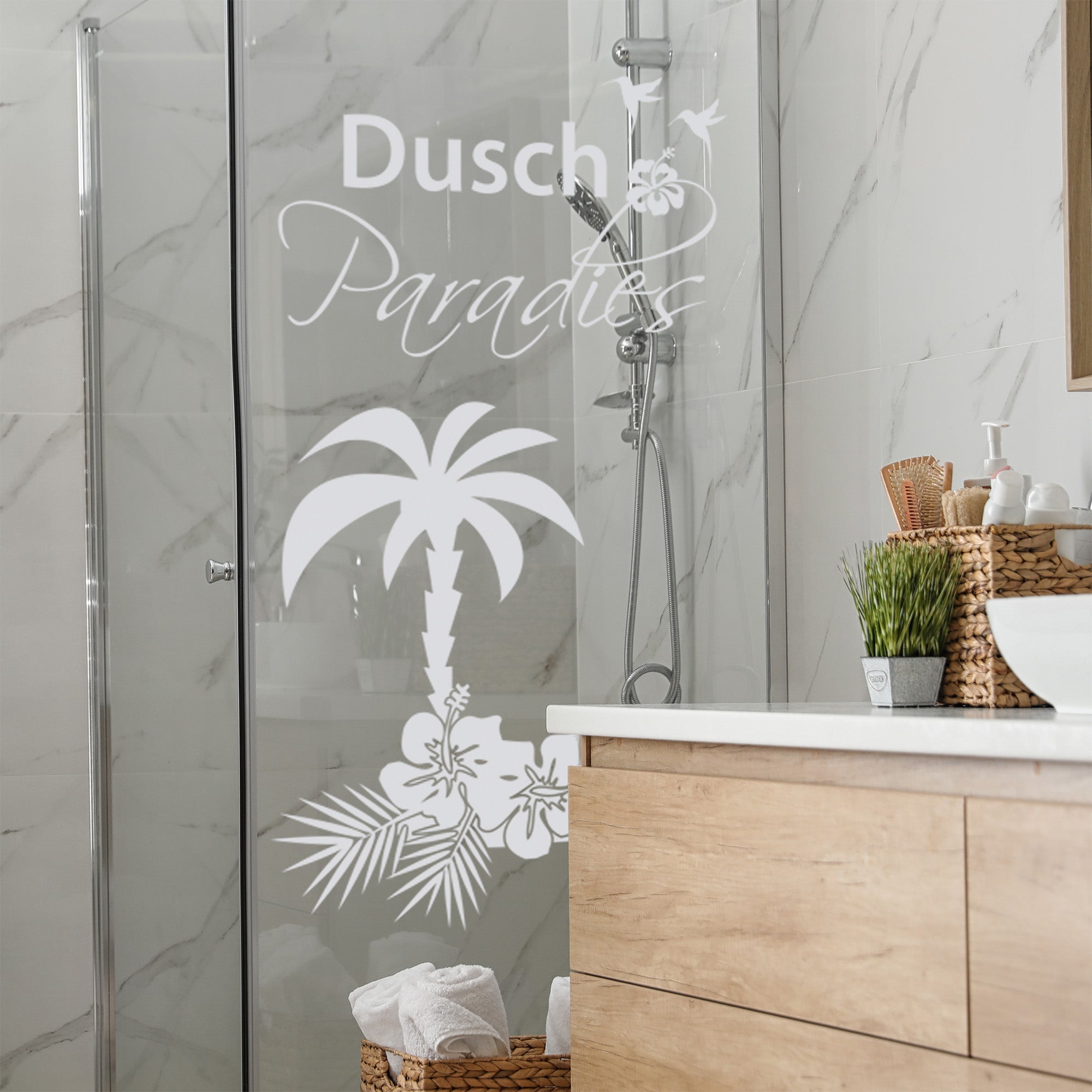 Weißes Duschabtrennung-Design mit Palmenmotiv und Schriftzug.