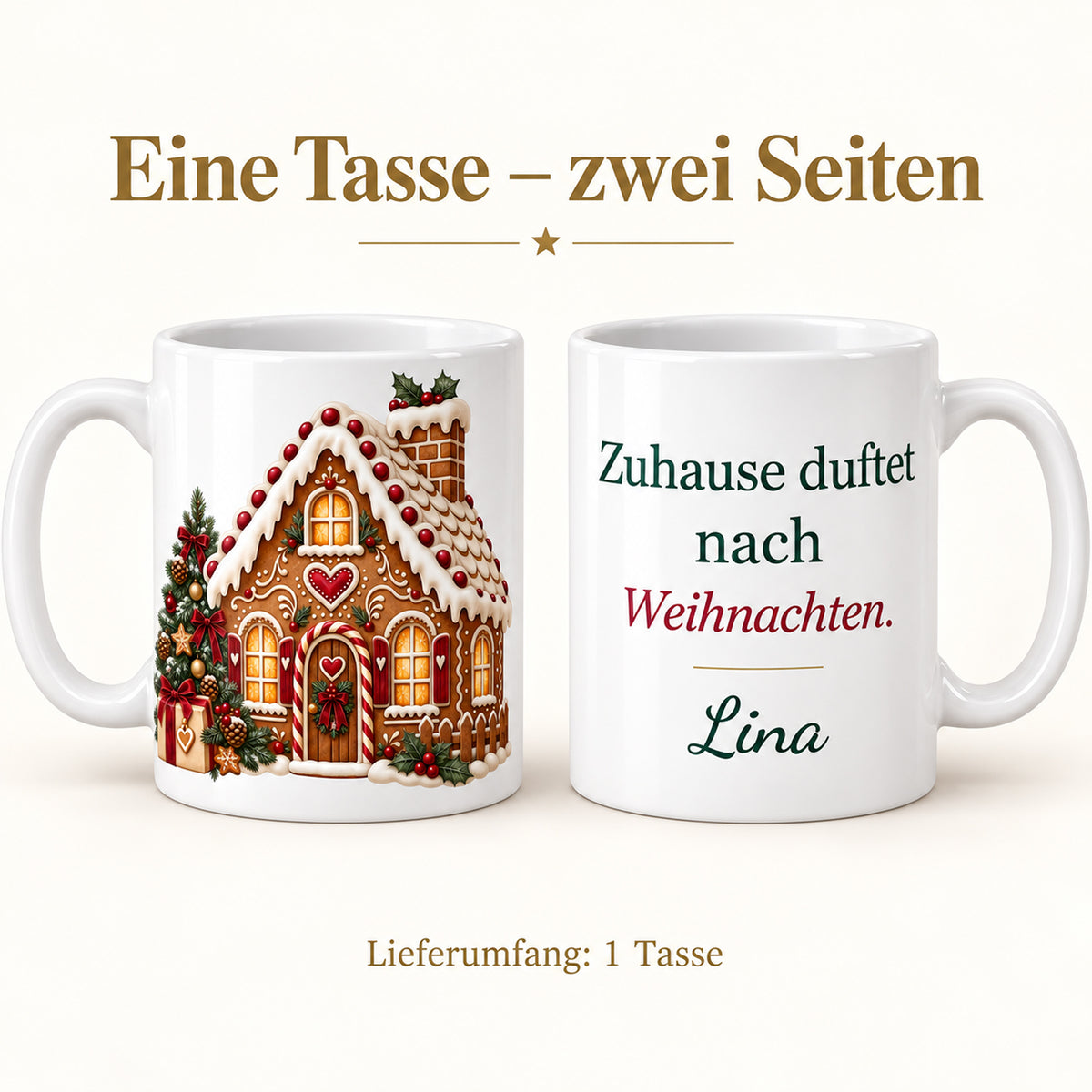Personalisierte Weihnachtstasse mit Name – Lebkuchenhaus – Ansicht 6