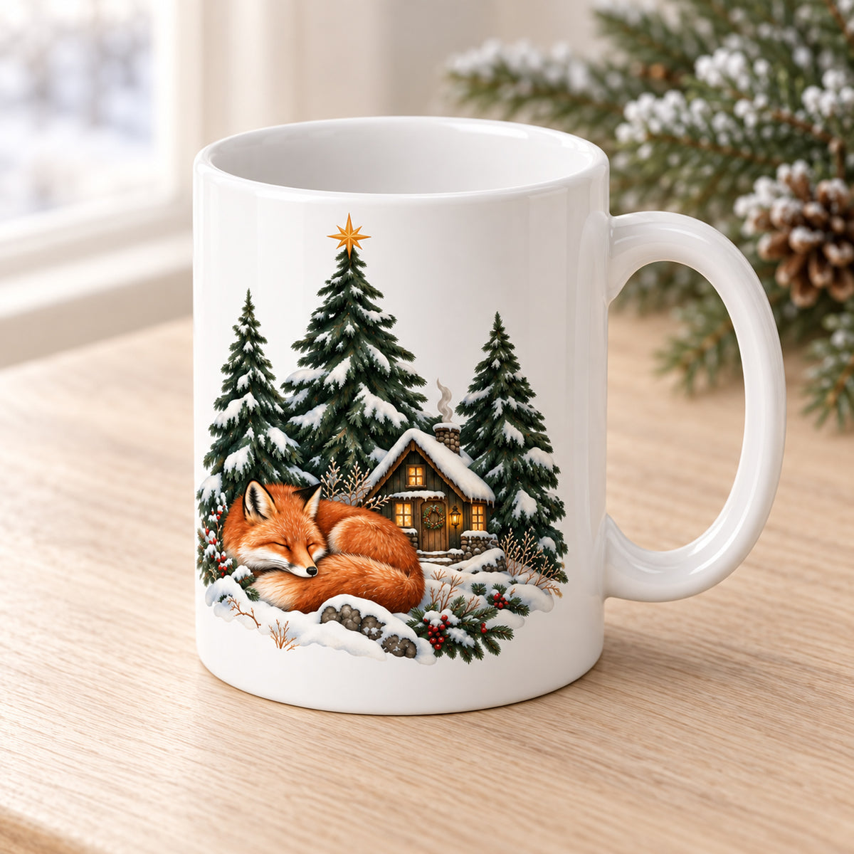 Personalisierte Weihnachtstasse mit Name – Winterwald mit Fuchs – Ansicht 3