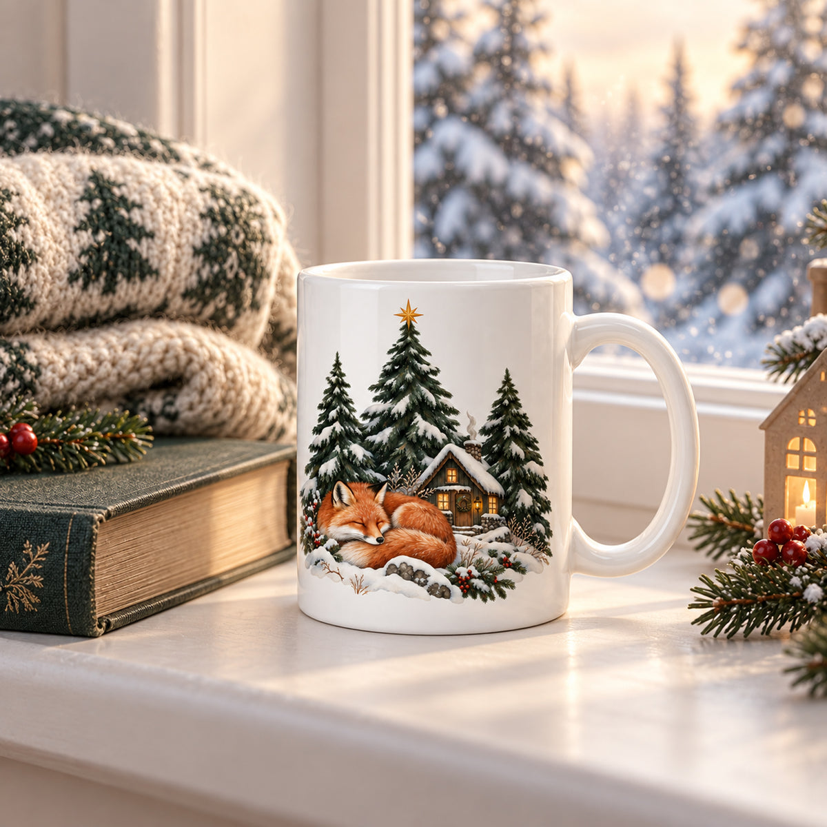 Personalisierte Weihnachtstasse mit Name – Winterwald mit Fuchs – Ansicht 8