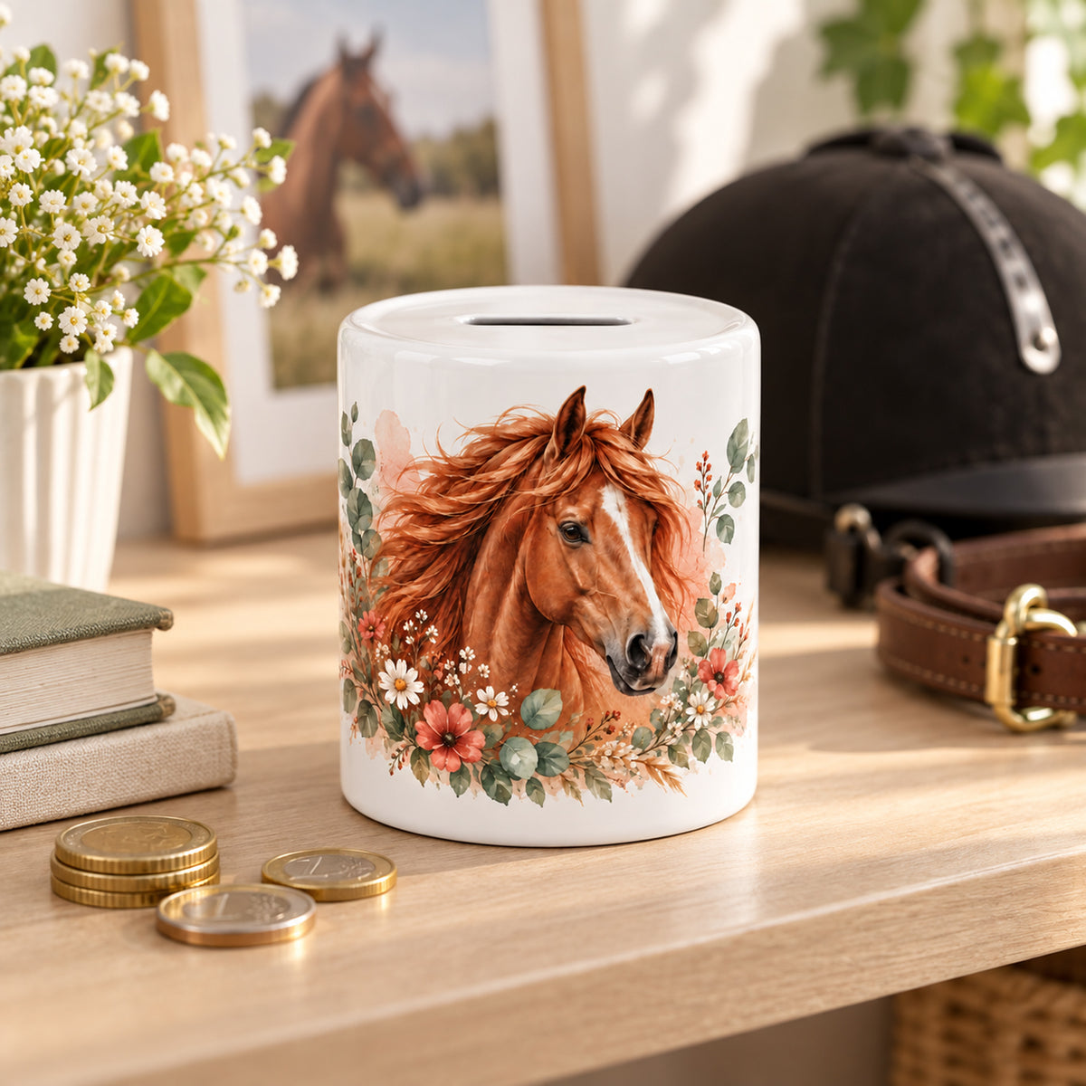 Spardose Pferd mit Namen – Für meine Pferdeträume – Geschenkidee in passender Umgebung