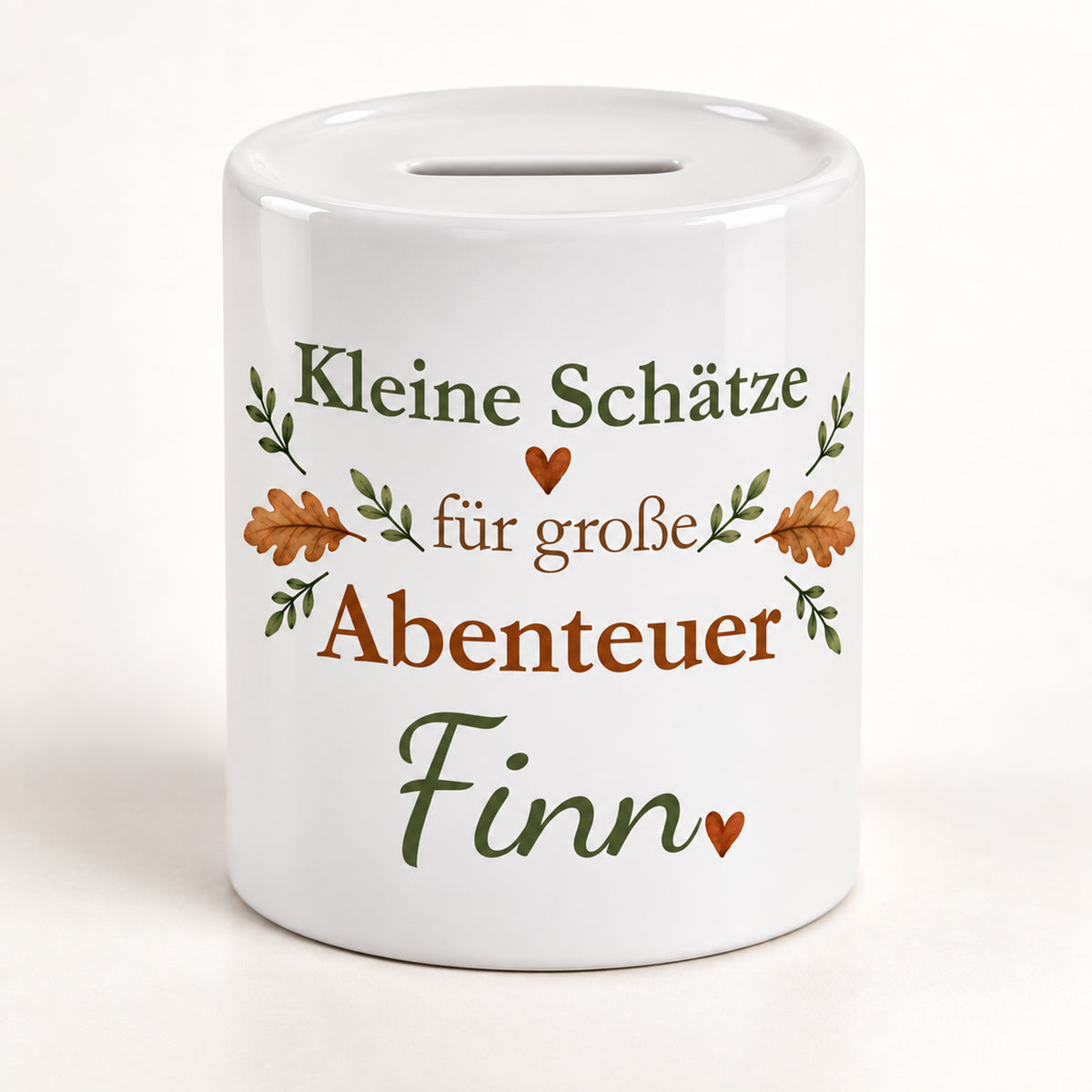 Spardose Waldtiere mit Namen – Kleine Schätze – Spruchseite mit Beispielname Finn