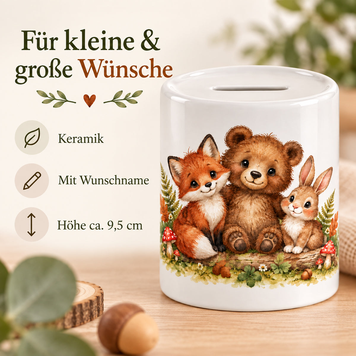 Spardose Waldtiere mit Namen – Kleine Schätze – Keramik, Wunschname und Größe