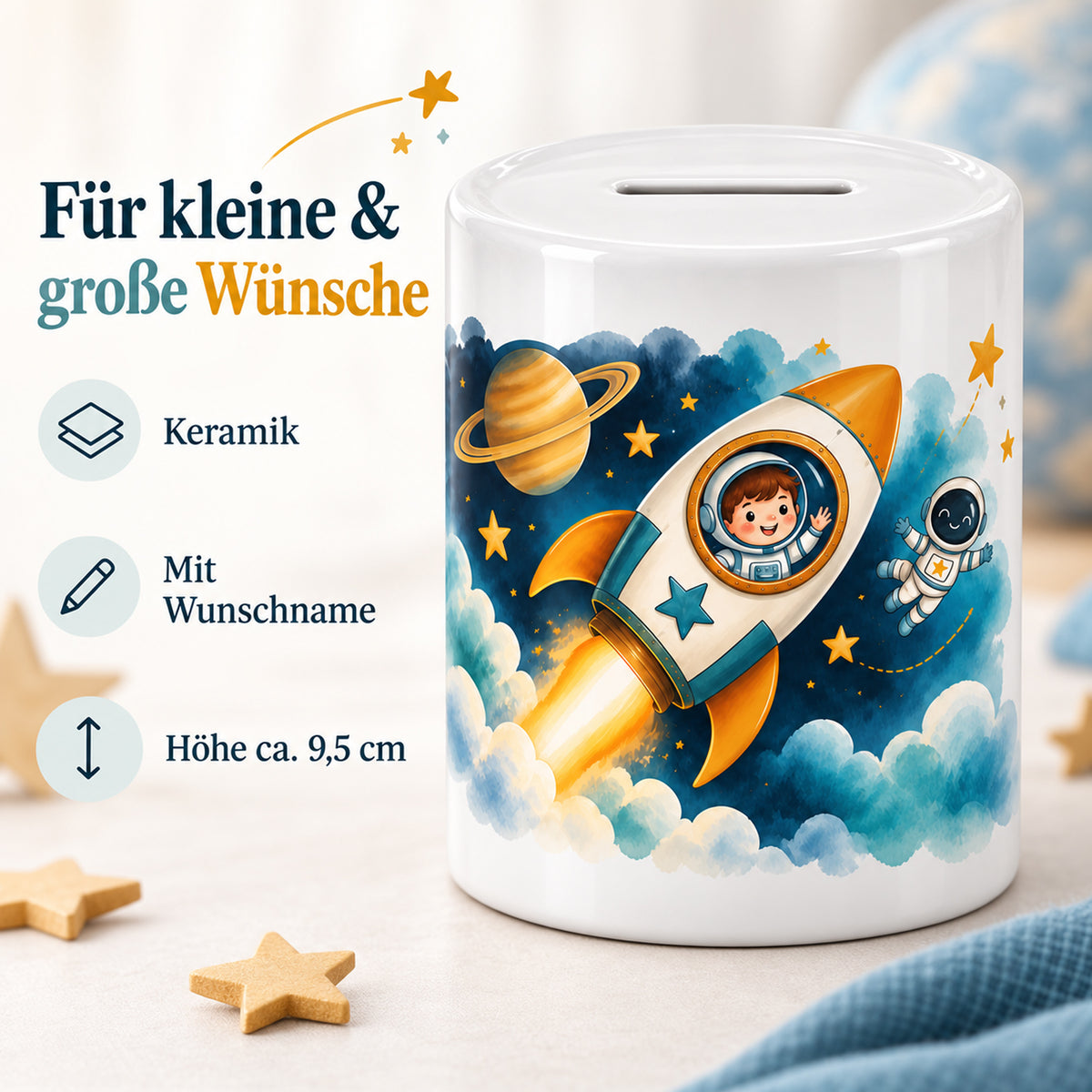 Spardose Rakete mit Namen – Für meine großen Träume – Keramik, Wunschname und Größe