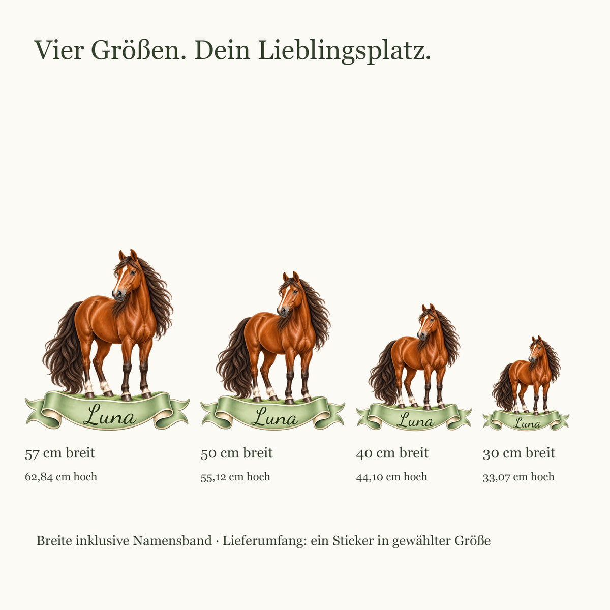 Größenvergleich der vier Pferde-Wandtattoos, Lieferumfang ein Wandtattoo