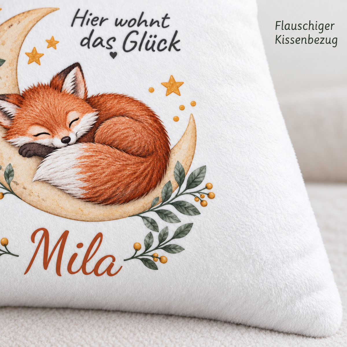 Fuchs-Kissenbezug mit Namen – Oberflaeche