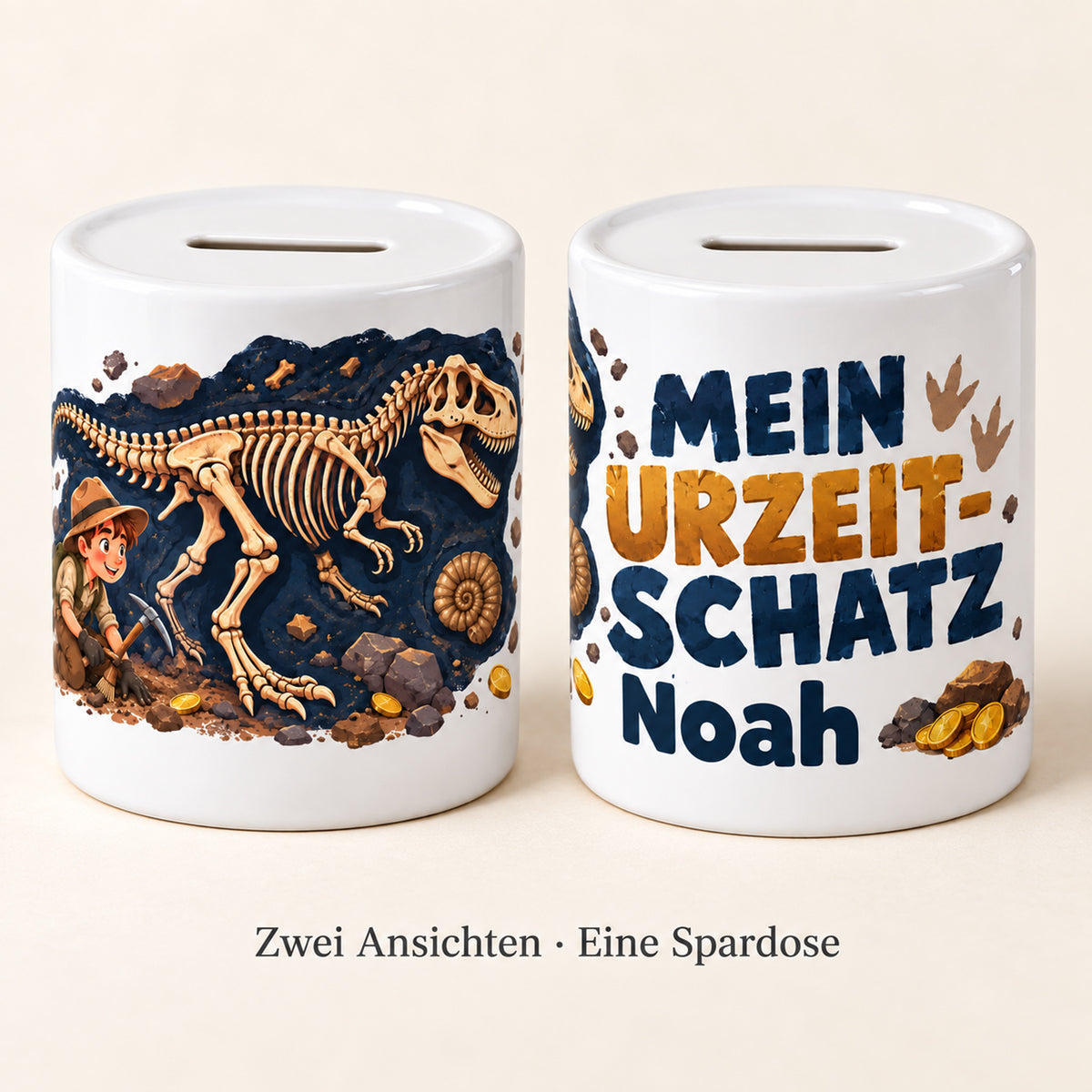 Dino-Spardose mit Namen – Fossilien-Fund – Zwei Ansichten derselben Spardose
