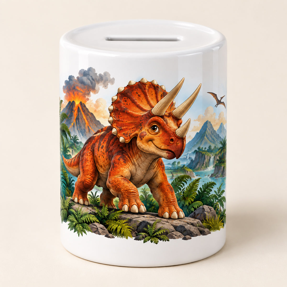 Dino-Spardose mit Namen – Vulkan-Abenteuer – Motivseite