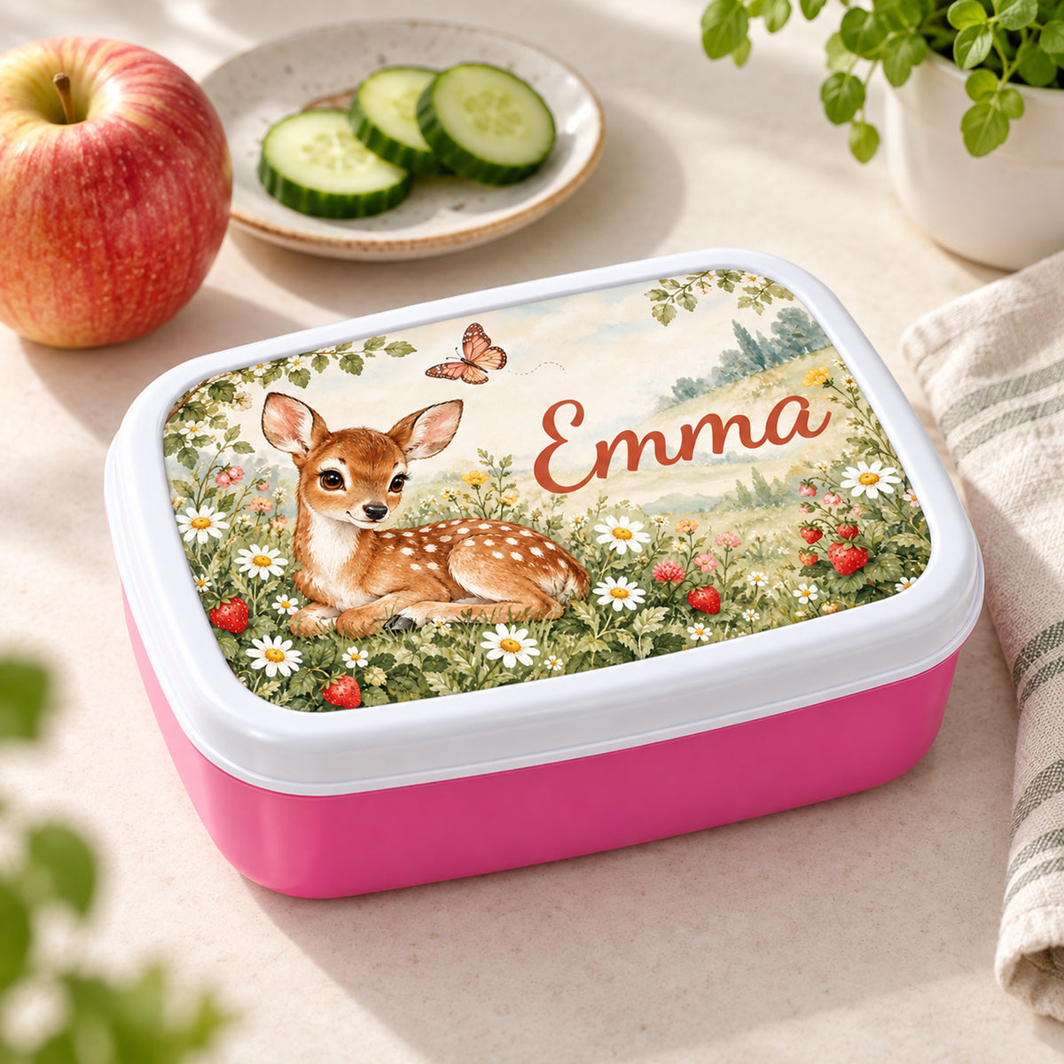 Personalisierte rosa Brotdose Rehkitz auf der Blumenwiese mit Beispielname Emma: Pausenszene