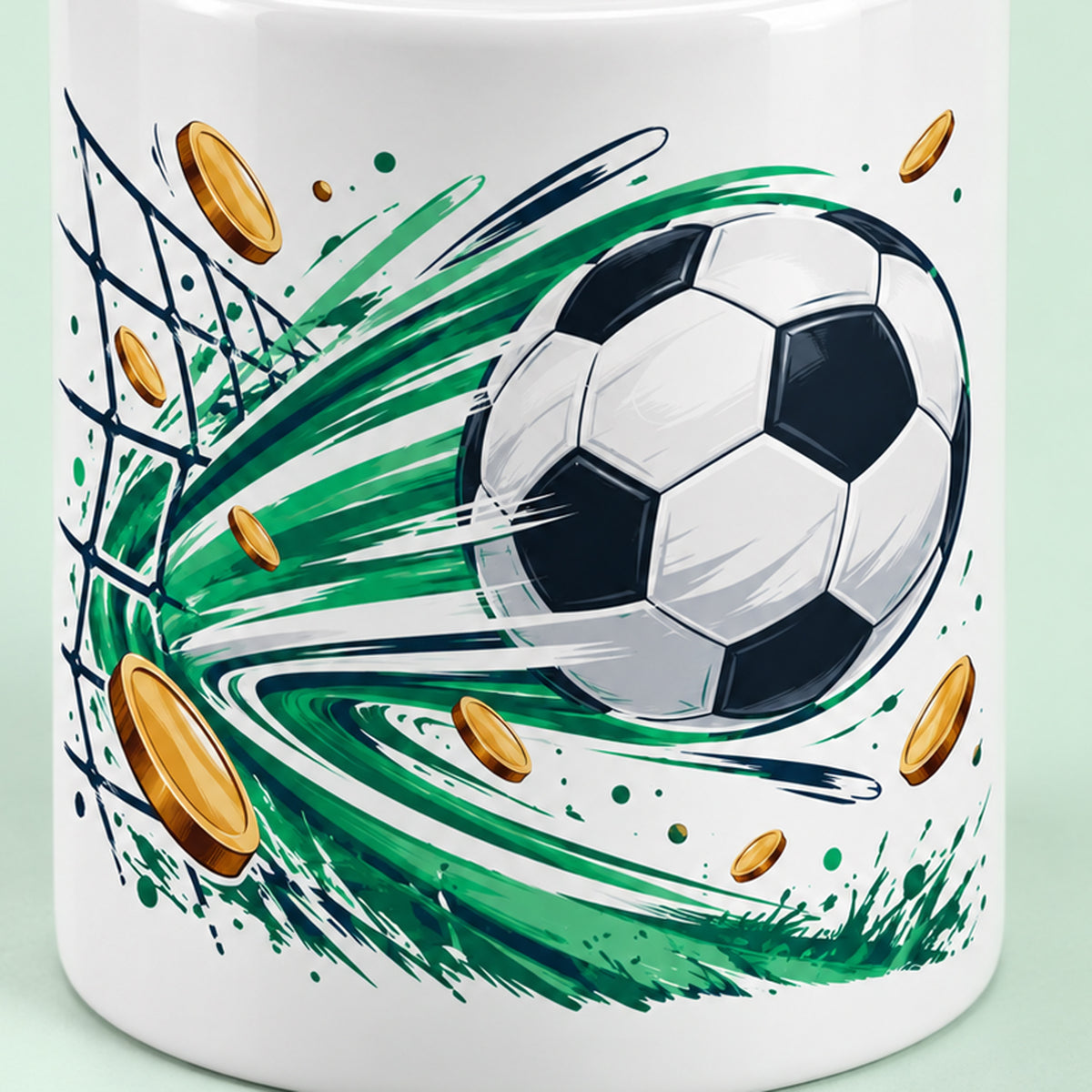 Spardose Fußball mit Namen – Groß treffen – Motivdetail, Beispielname Leon