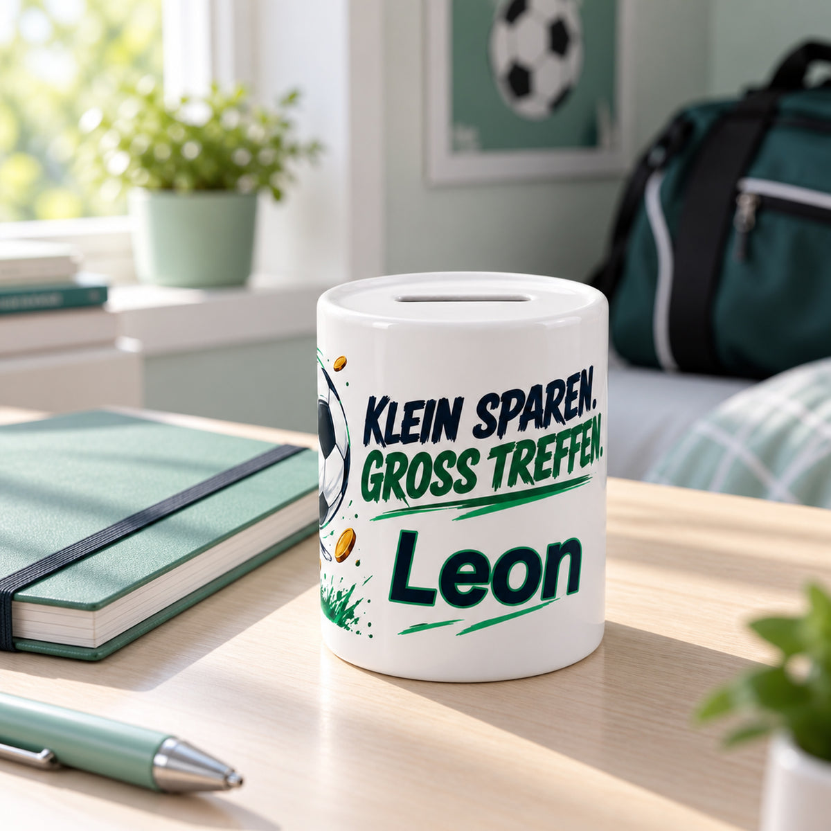 Spardose Fußball mit Namen – Groß treffen – Wohnszene, Beispielname Leon