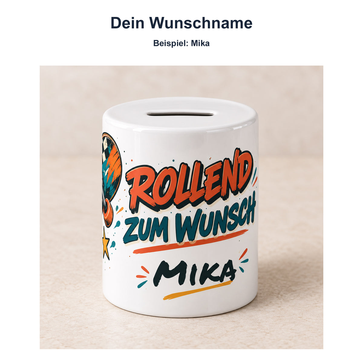 Spardose Skateboard mit Namen – Wunschziel – Wunschname, Beispielname Mika