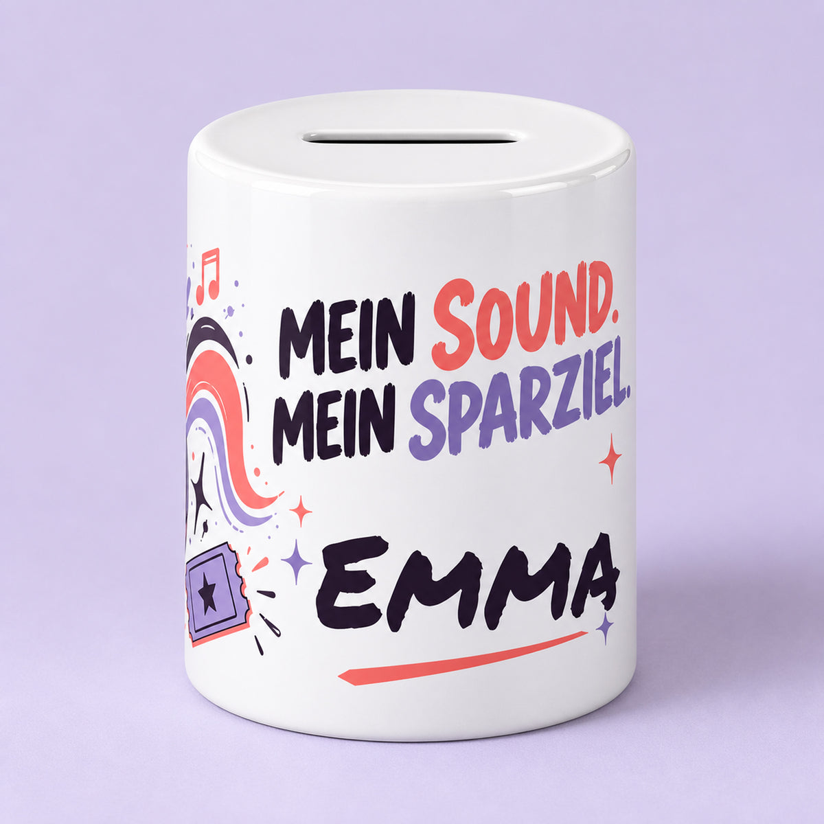 Spardose Musik mit Namen – Mein Sparziel – Rückseite, Beispielname Emma