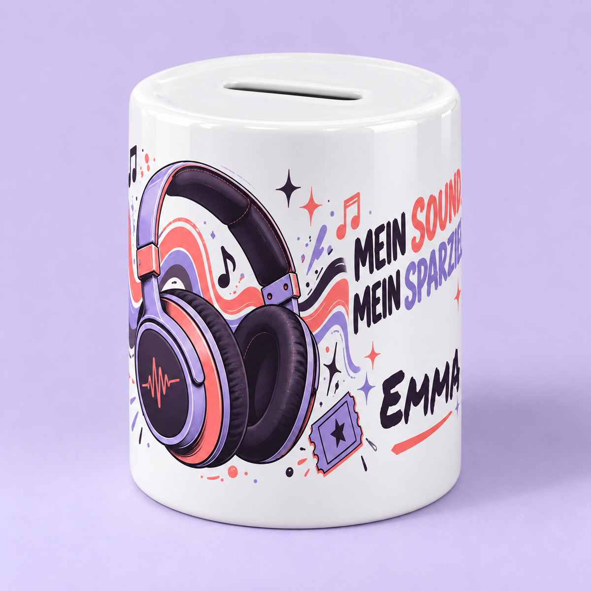 Spardose Musik mit Namen – Mein Sparziel – Schrägansicht, Beispielname Emma