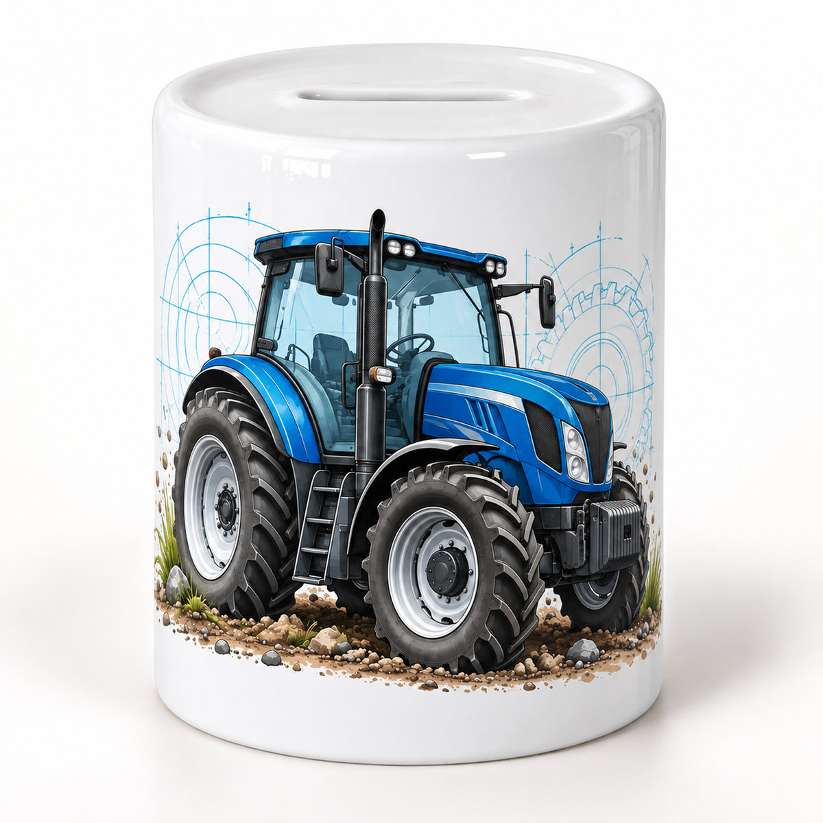 Blauer Traktor mit Reifenspuren: personalisierte Keramik-Spardose, motivseite