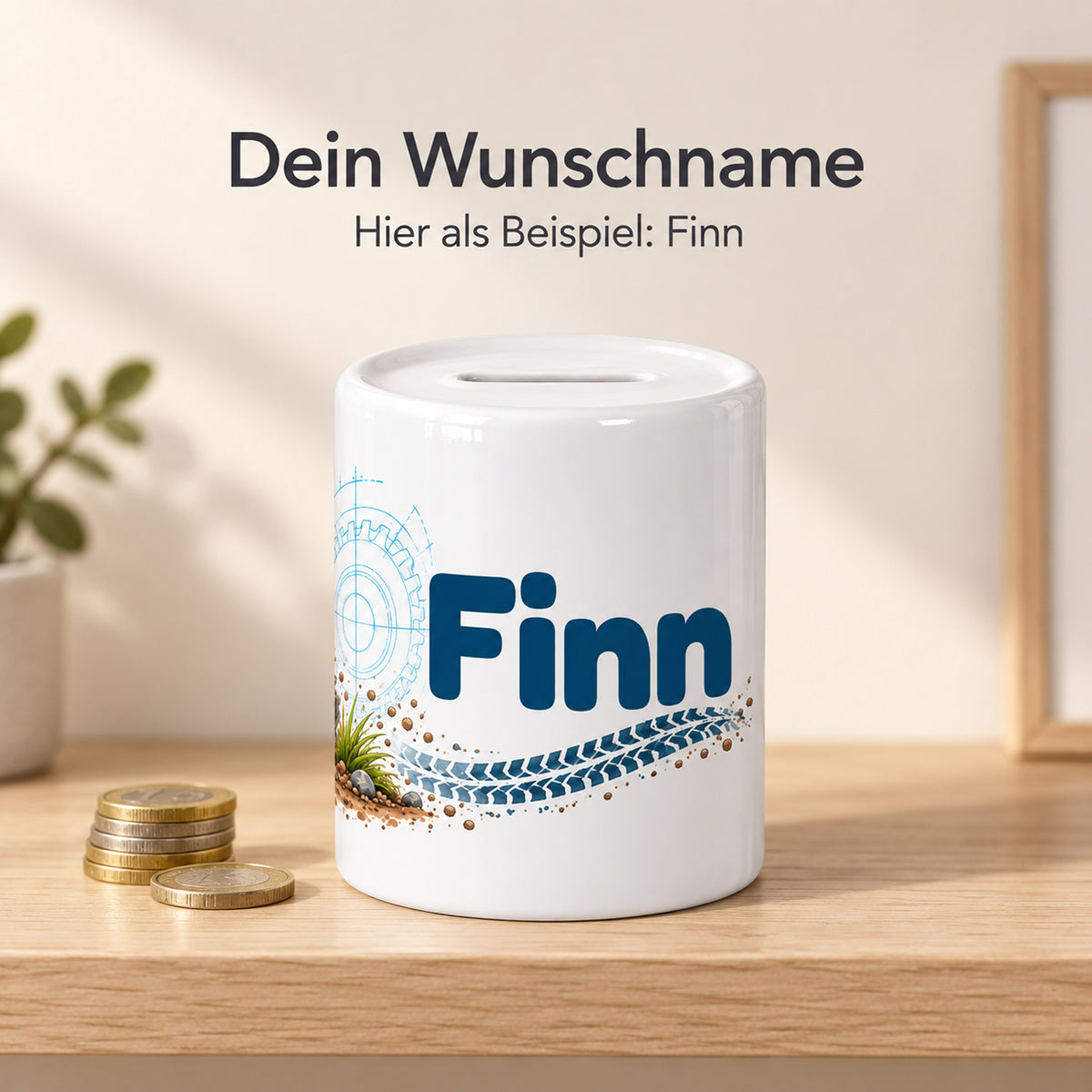 Blauer Traktor mit Reifenspuren: personalisierte Keramik-Spardose, personalisierung mit Beispielname Finn