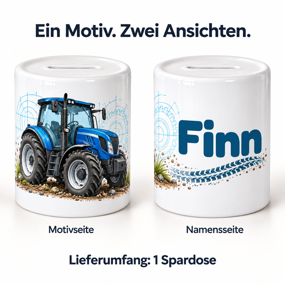 Blauer Traktor mit Reifenspuren: personalisierte Keramik-Spardose, beide seiten mit Beispielname Finn