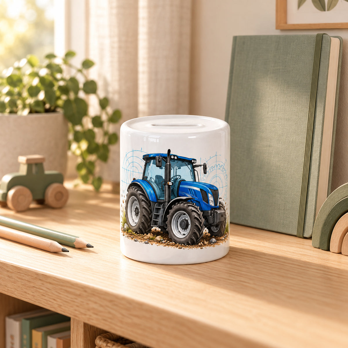 Blauer Traktor mit Reifenspuren: personalisierte Keramik-Spardose, im kinderzimmer