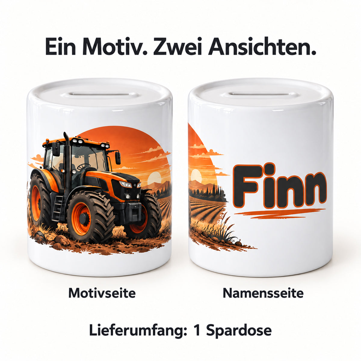 Oranger Traktor im Abendlicht: personalisierte Keramik-Spardose, beide seiten mit Beispielname Finn