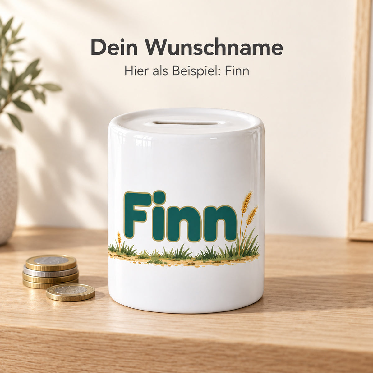 Türkiser Traktor mit Anhänger: personalisierte Keramik-Spardose, personalisierung mit Beispielname Finn