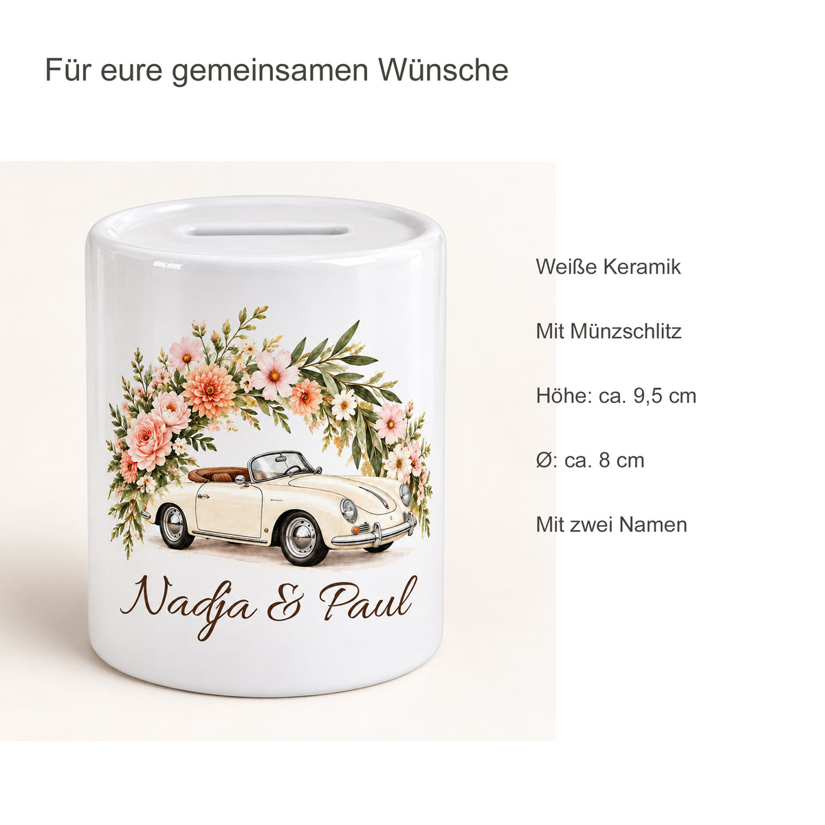 Cabrio & Apricot: produktdetails der personalisierten Hochzeits-Spardose mit Nadja und Paul