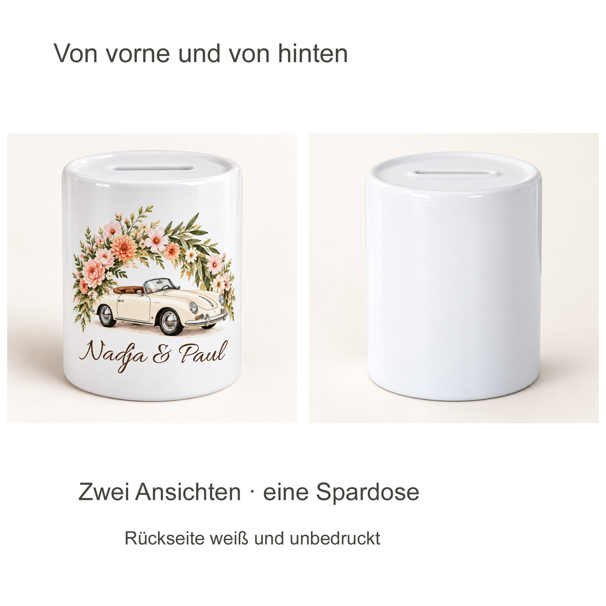 Cabrio & Apricot: zwei-ansichten der personalisierten Hochzeits-Spardose mit Nadja und Paul