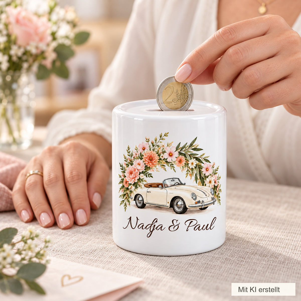 Cabrio & Apricot: anwendung der personalisierten Hochzeits-Spardose mit Nadja und Paul