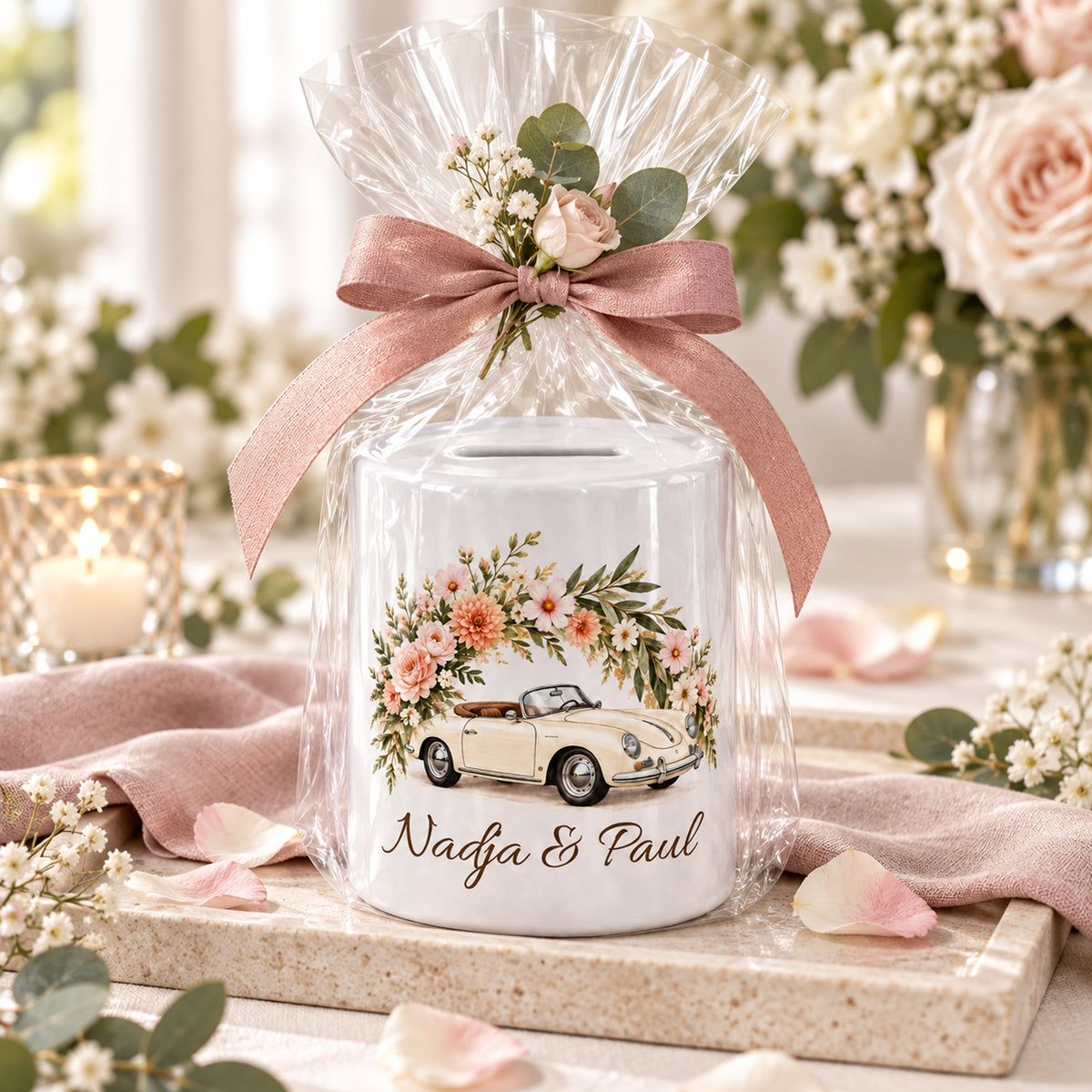 Cabrio & Apricot: geschenkidee der personalisierten Hochzeits-Spardose mit Nadja und Paul