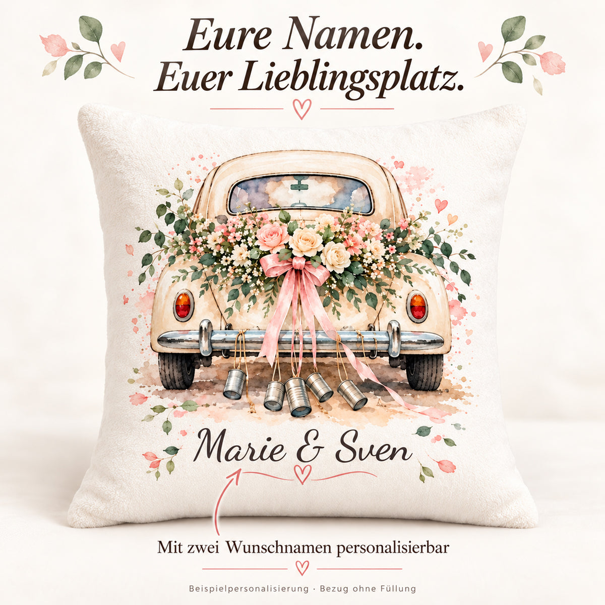 Personalisierung des Hochzeitsauto-Kissenbezugs mit Marie & Sven.