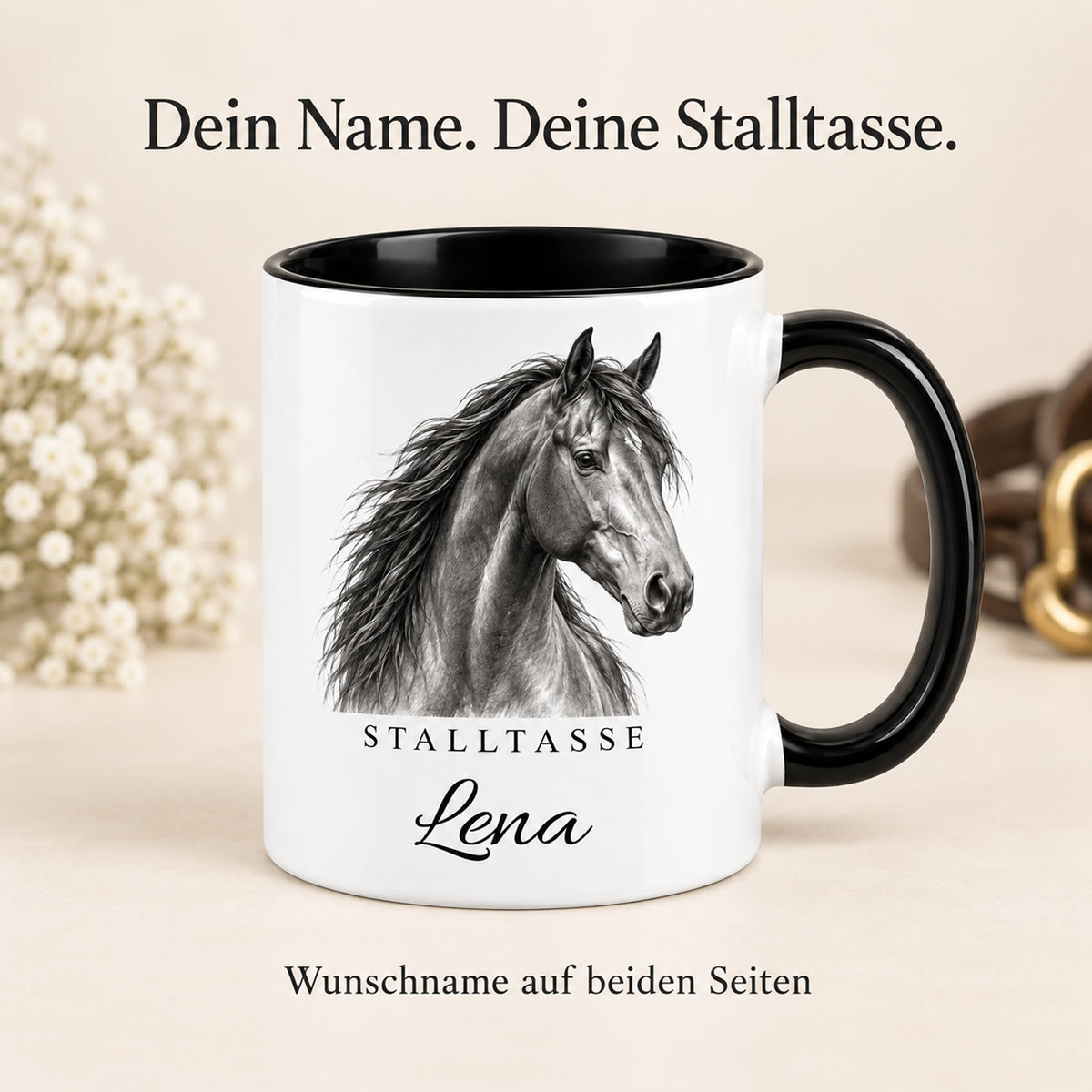 Stalltasse mit Namen Lena – Edles Pferdeporträt, schwarzer Henkel und Innenraum – Personalisierung