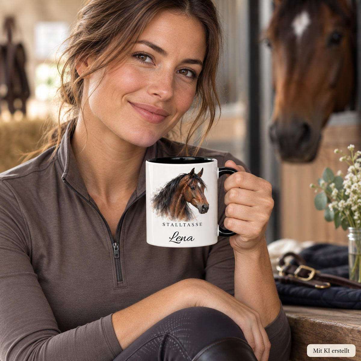 Stalltasse mit Namen Lena – Warmer Aquarellmoment, schwarzer Henkel und Innenraum – Mit Person