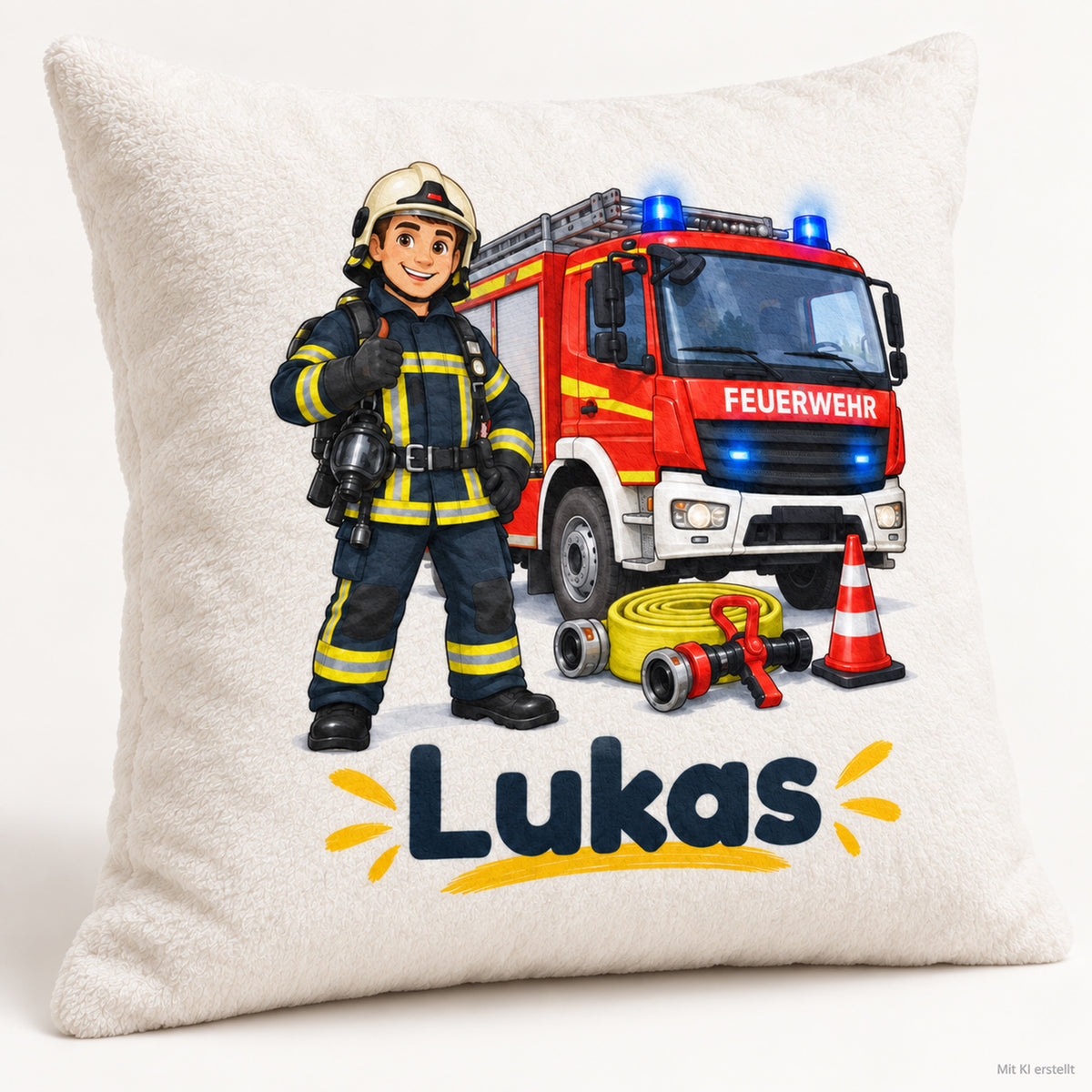 Feuerwehrmann mit Löschfahrzeug: Schrägansicht des Feuerwehr-Kissenbezugs.