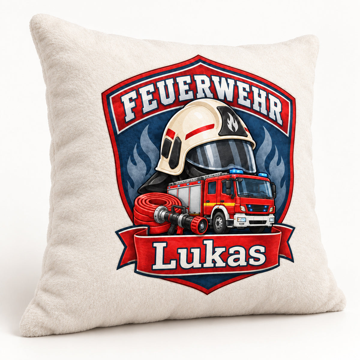 Feuerwehr-Abzeichen: Schrägansicht des Feuerwehr-Kissenbezugs.