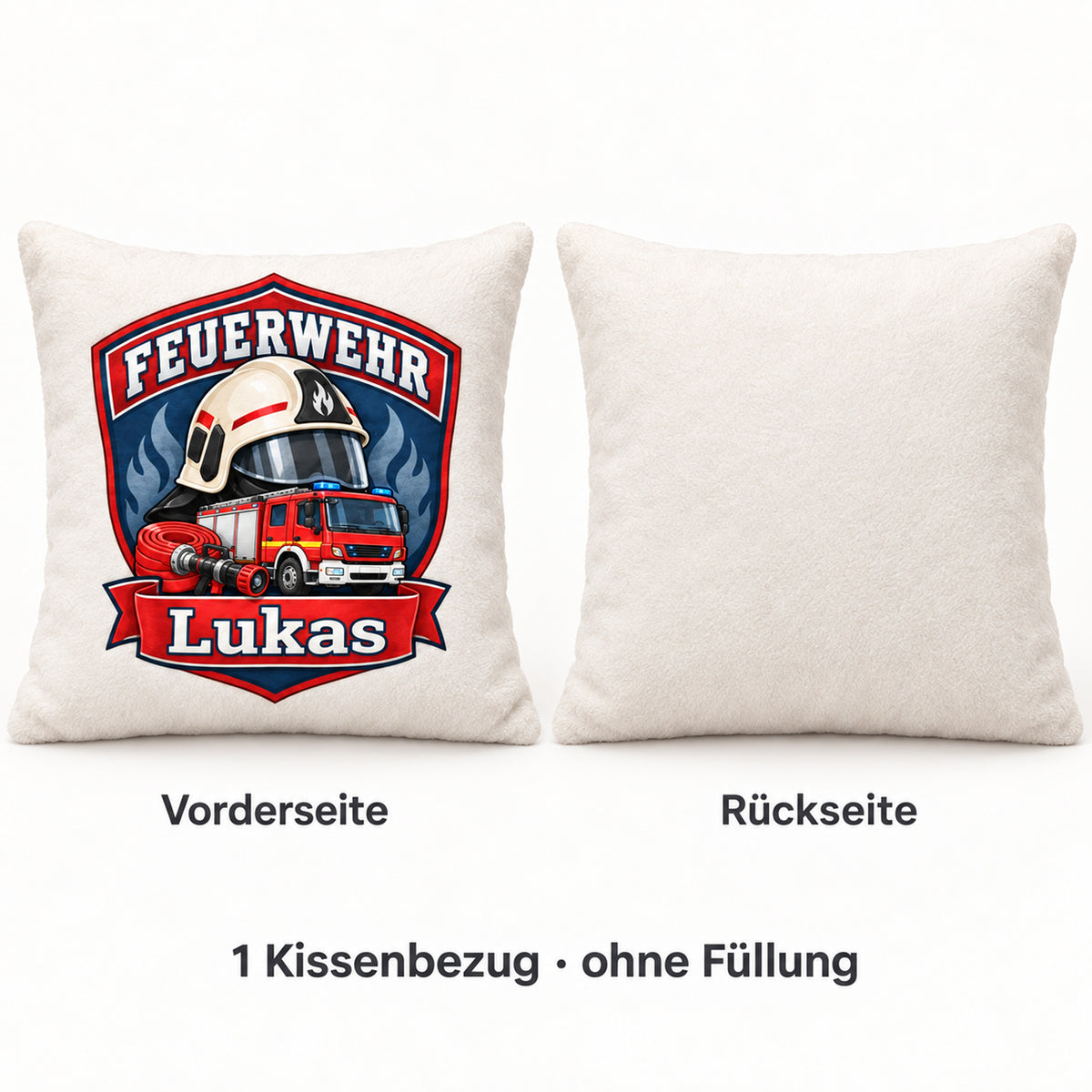 Feuerwehr-Abzeichen: Vorder- und Rückseite eines Kissenbezugs.
