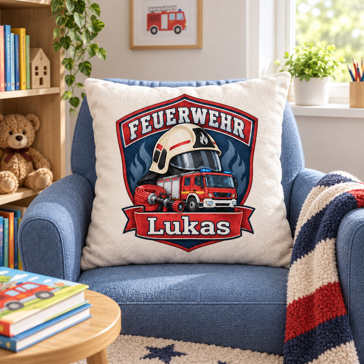 Feuerwehr-Abzeichen: Feuerwehr-Kissenbezug in einer Leseecke für Kinder.